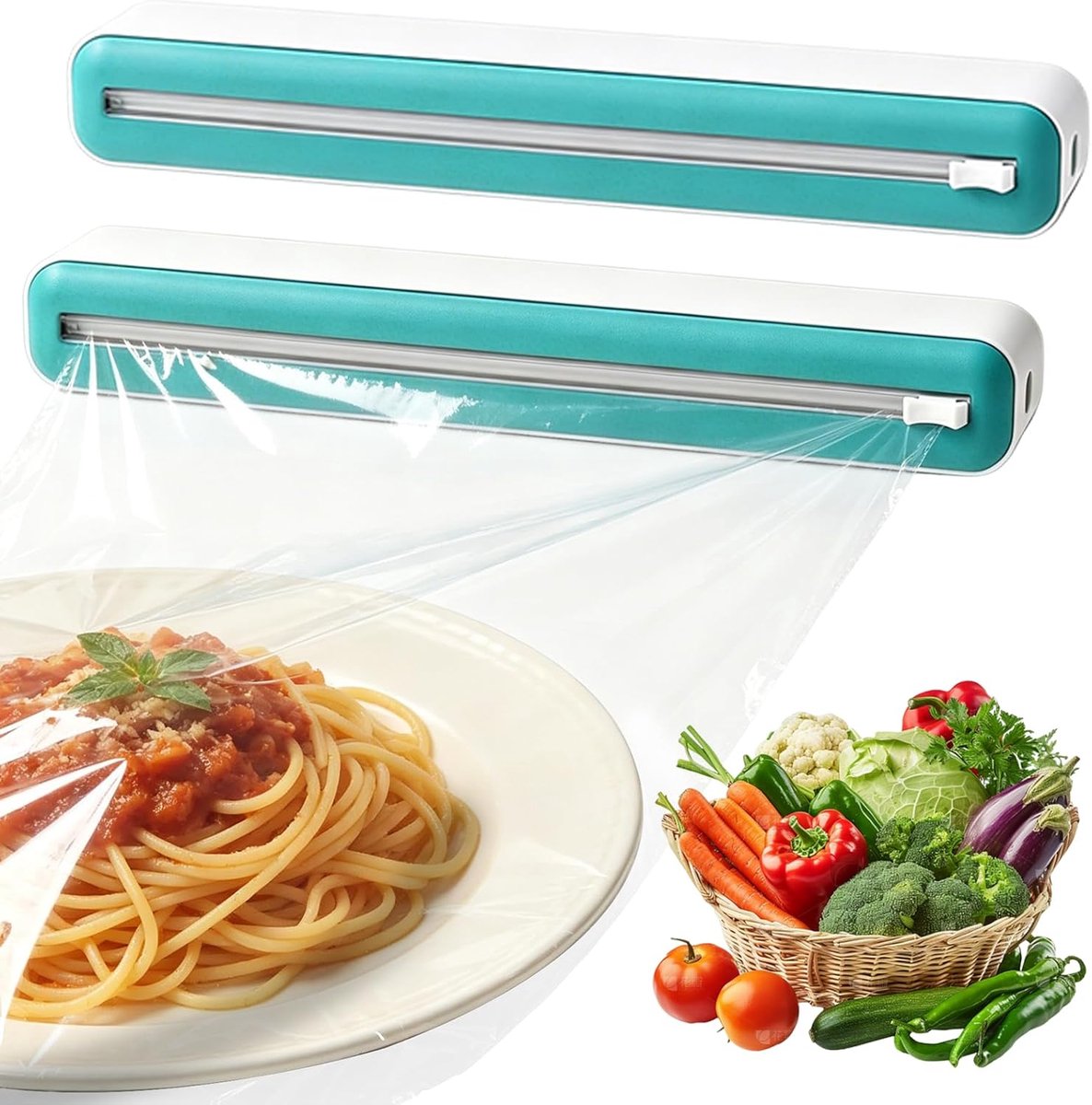 Thijox - Magnetische Vershoudfolie Dispenser 2 Stuks met Snijder - Keuken Organizer voor Aluminiumfolie en Vershoudfolie - Wit en Groen, ABS Materiaal