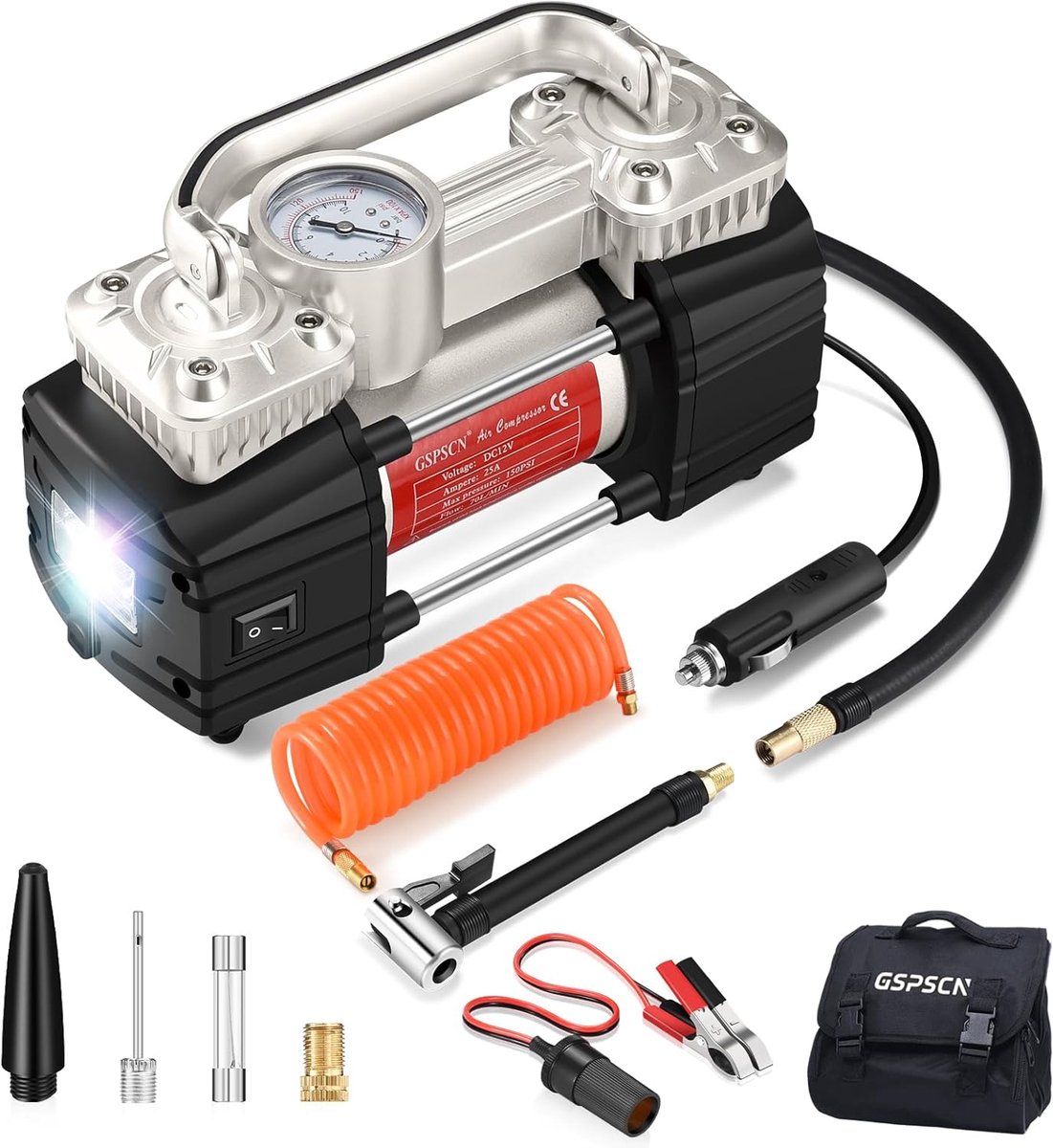 Thijox - 12V Luchtcompressor Draagbare Metalen Bandenpomp 150 PSI Dubbele Cilinder met LED Verlichting voor Auto Vrachtwagen SUV Camper Ballen
