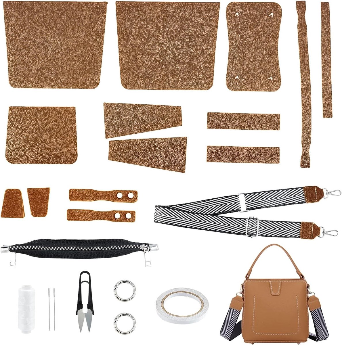 Set van 23 Leren Handtassen voor Creatief Werk, Breien, Haken en Naaiaccessoires, Schouderriem, 79~124 x 3.8 x 0.1cm (Bruin)