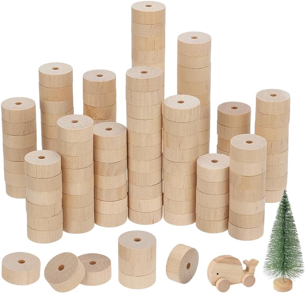 150 Stuks Houten Wielen 1 Inch Onbewerkt voor DIY Projecten, Mini Auto's en Kerstboom Decoraties - Natuurlijke Hout Craft Wielen met 0.4 Inch Dikte