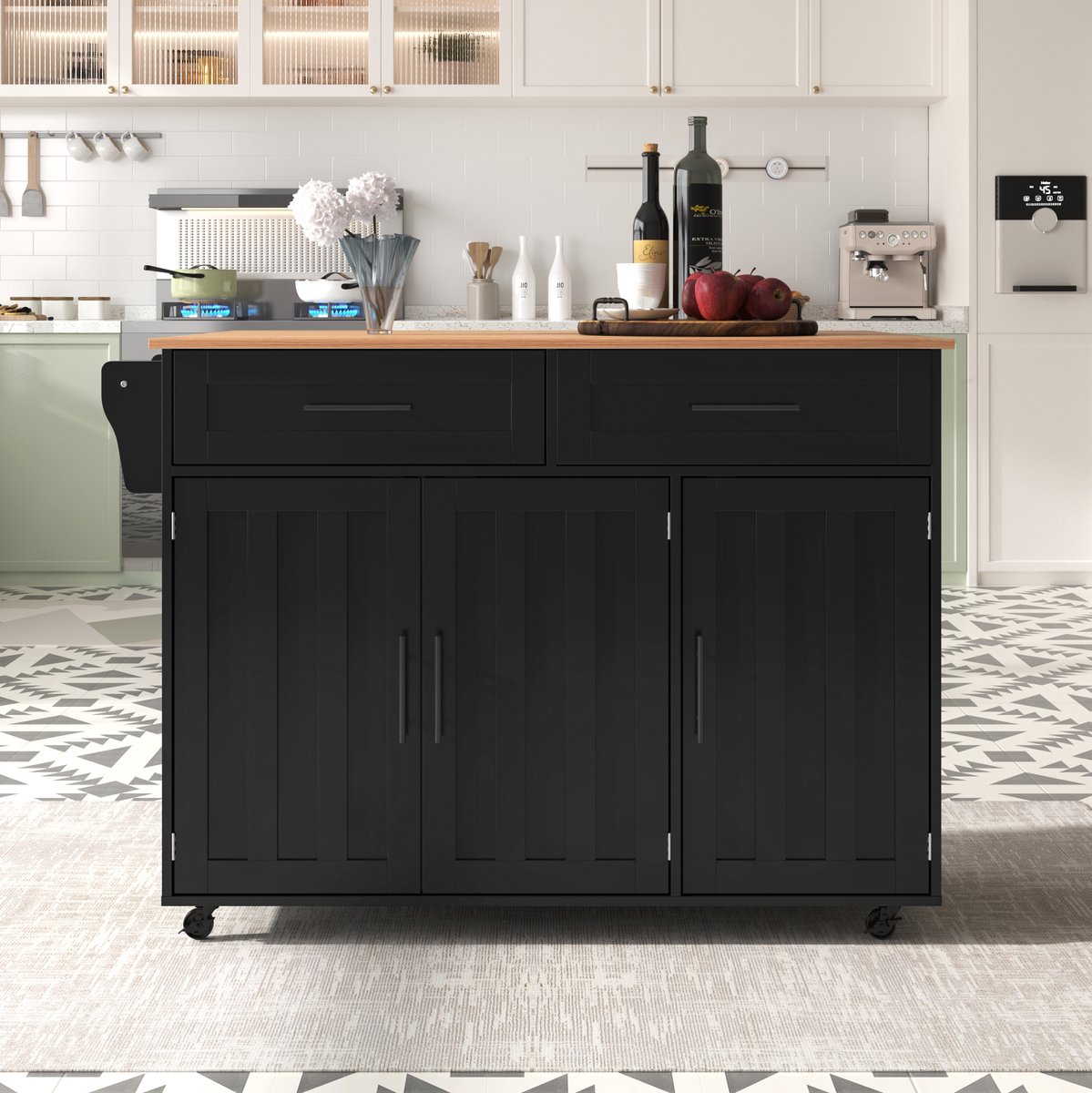 OKWISH Keukenkast – Uitklapbaar Werkblad – 129 x 46 x 91,5 cm – 2 Lades en 3 Opbergvakken – Op Wielen of Met Houten Poten – MDF Zwart Naturel