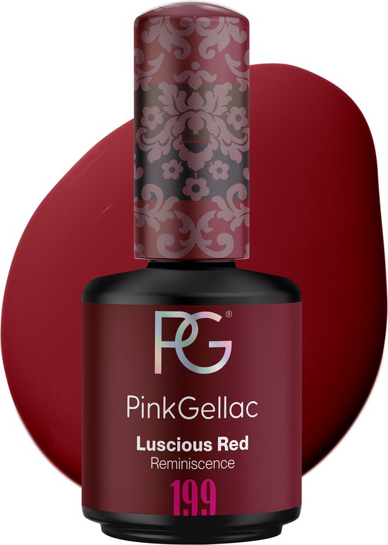 Pink Gellac flesje met gedecoreerd deksel. De kleur is dieprood met de naam 'Luscious Red 199'.