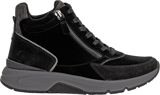 Zwarte Gabor veterboot met rits, grijze zool en glitterdetail op de hiel.