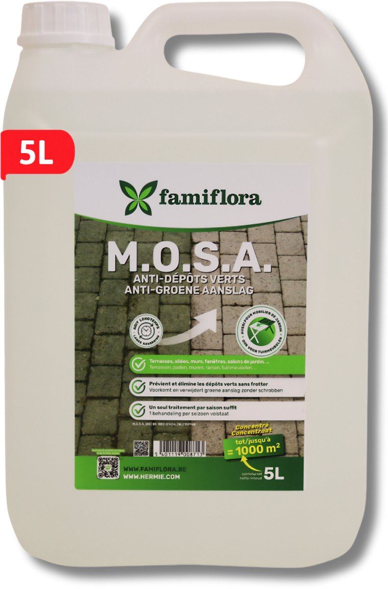 Famiflora MOSA anti-groene aanslag 5 liter - Reinigt alle oppervlakten - Makkelijk te gebruiken - Kleurloos
