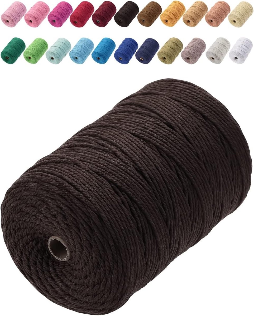 Premium Katoenen Macramé Touw 3mm x 200m, Zacht en Sterk, Ideaal voor Macramé Projecten, Duurzaam en Chemisch Vrij (Donkerbruin)