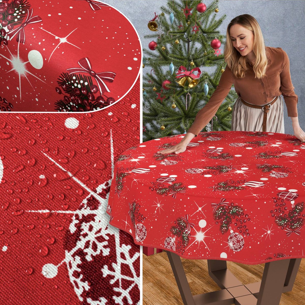 ANRO Tafelkleed Kerst maretak Rood Rond Ø140cm Met sierband Afwasbaar Waterafstotend Binnen & Buiten