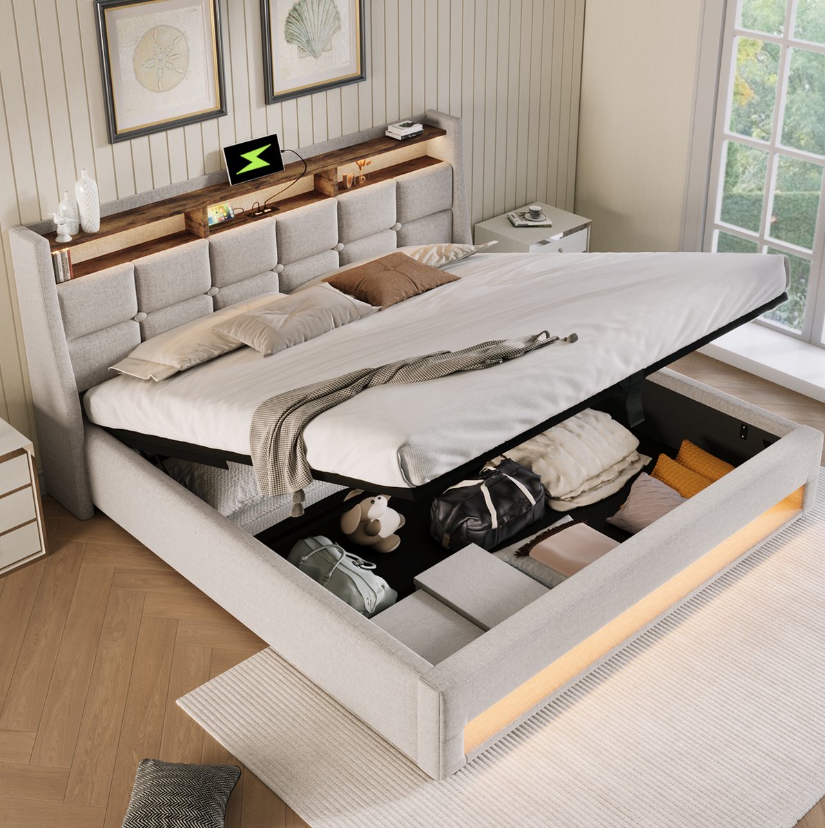 OKWISH Gestoffeerd Bed 180x200 cm - Tweepersoonsbed met Ledverlichting en Usb-Aansluiting - Met Opbergruimte - Zonder Matras - Stof - Hellbeige