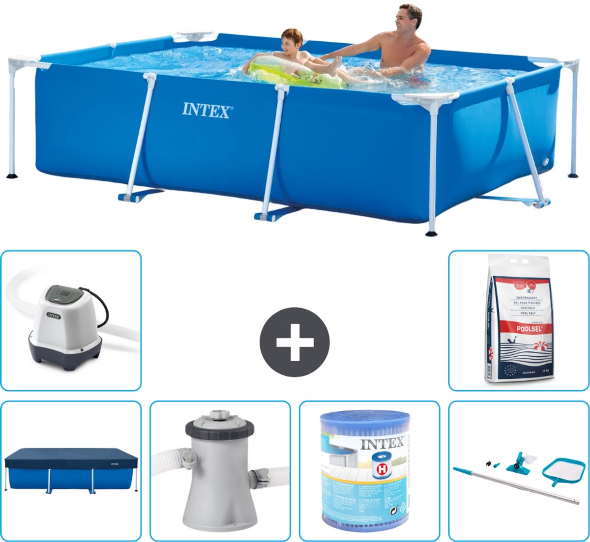 Intex Rechthoekig Frame Zwembad - 260 x 160 x 65 cm - Blauw - Inclusief Afdekzeil - Zwembadfilterpomp - Filter - Schoonmaakset - Zoutwatersysteem - Zwembadzout - 7-delig