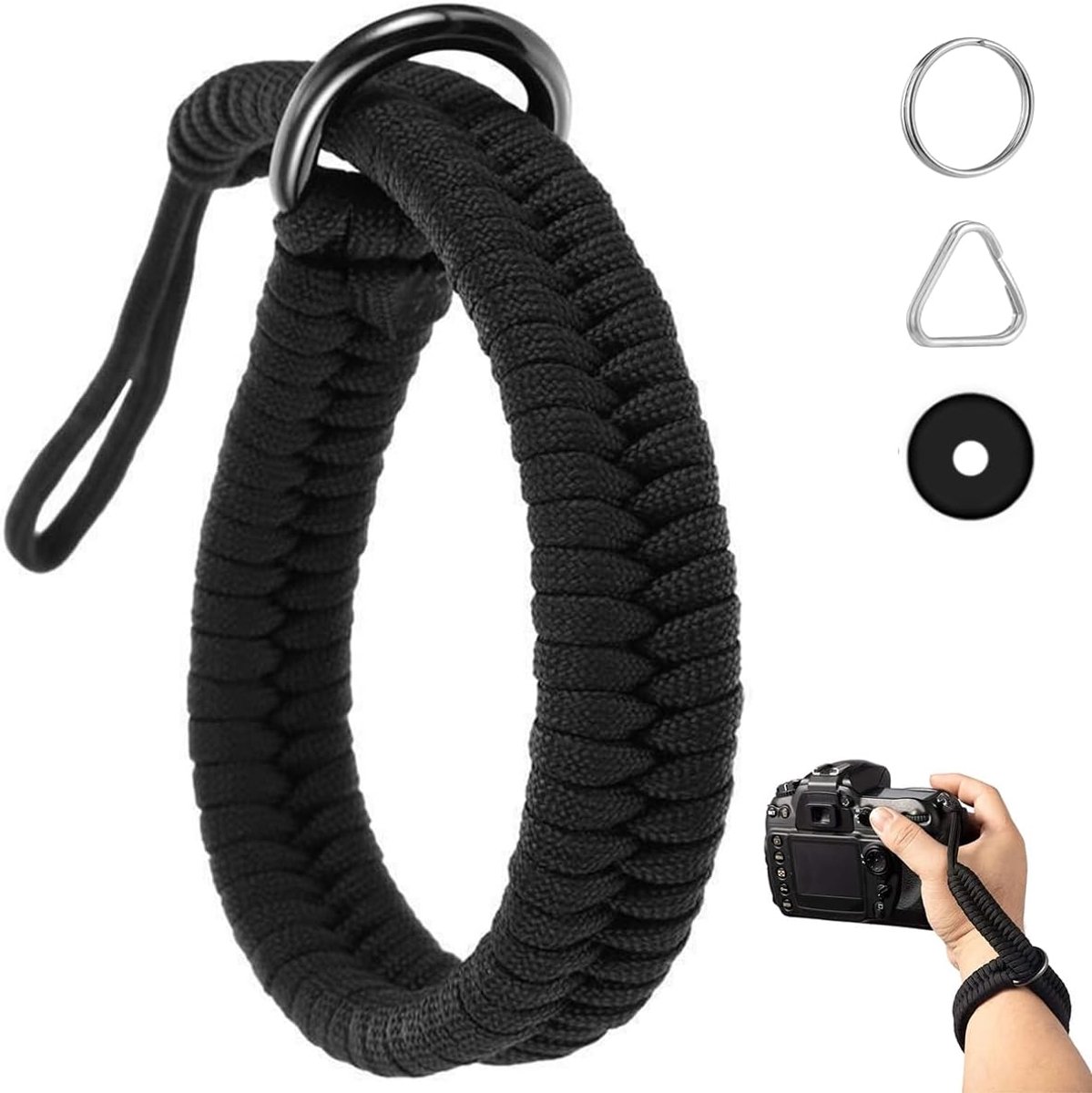 SnelShoppen - Camera Wristband Paracord 550 - Zwarte Camera Hand Strap met Verstelbare D-Ringen - Geschikt voor MFT, DSLR en Retro Modellen - Ultralig