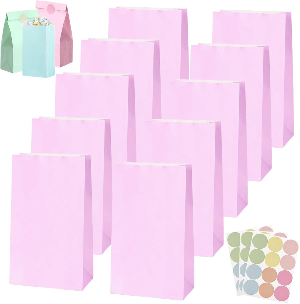SnelShoppen - Pack van 30 Paarse Baby Cadeautasjes - Pastel Feesttassen voor Kinderen, Volwassenen en Kleine Verjaardagen - Kraftpapier met 36 Sticker