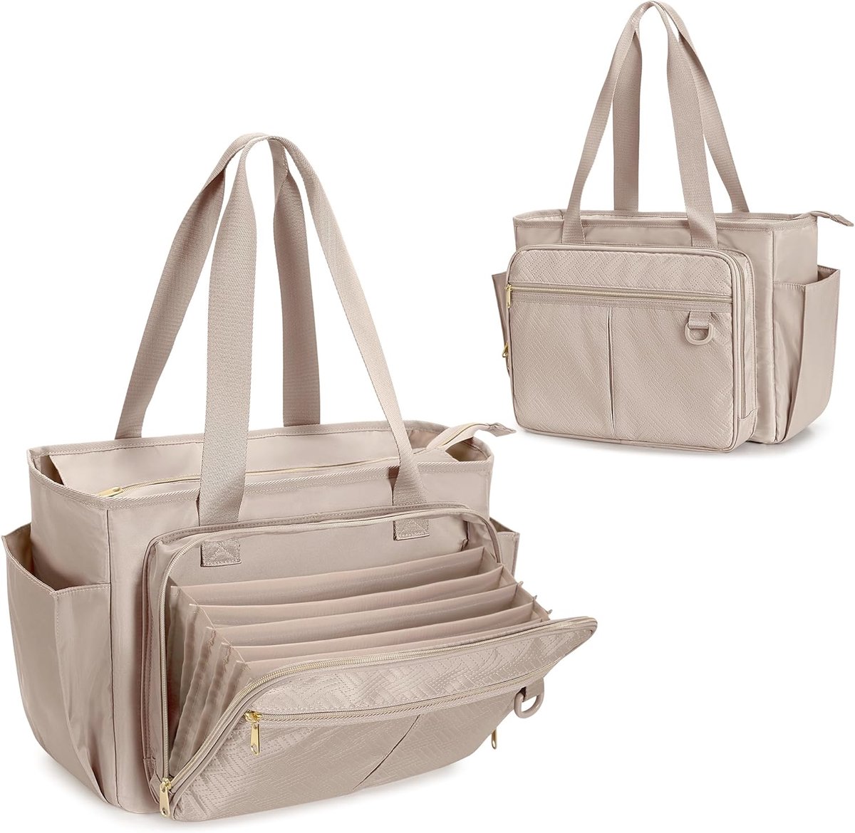 SnelShoppen - Tote Bag voor Leraren met Accordeon Vak, Grote Werk Tas, Camel (Patent Design) | 15.6 inch Laptop Sleeve, 6 Accordeon Vakken, 2 Zijvakke