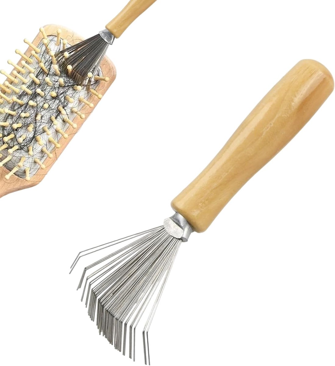 SnelShoppen - Haar kam reiniger, schoonmaakborstel voor het reinigen van kammen en haarborstels met houten handvat, ideaal voor badmatten en tapijten