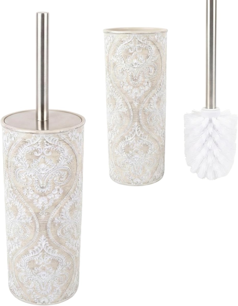 SnelShoppen - Closed Toiletborstelhouder DAMASK - Elegante toilettas met damask bloemen, roestvrij staal, matte crème afwerking voor badkamerdecoratie