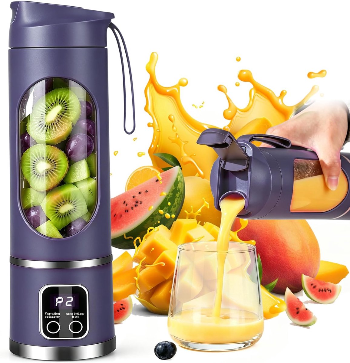 SnelShoppen - Draagbare Blender Smoothie Maker 450 ml, Oplaadbare Mini-Mixer To Go met LED-Display, 12 Messen, Ideaal voor Milkshake, Sap en Smoothie