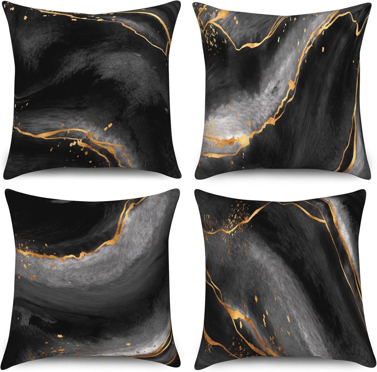 SnelShoppen - Set van 4 Decoratieve Kussenhoezen Zwart Goud en Marmerlook Grijs, 40x40 cm Velvet Kussens voor Sofa, Slaapkamer, Woonkamer, Auto, Café