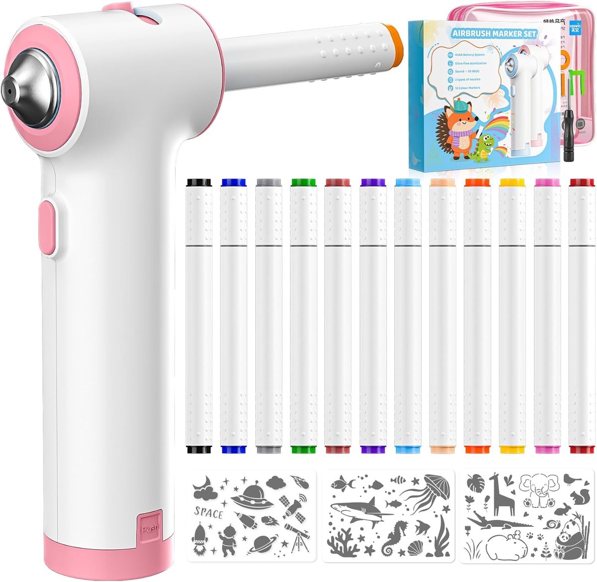 SnelShoppen - Marker Airbrush Set met 12 Dubbele Punt Stiften, 3 Sjablonen, 1 Airbrush, Wasbare Kleurverwijdering, Creatieve Kinder Kunst en DIY Knuts