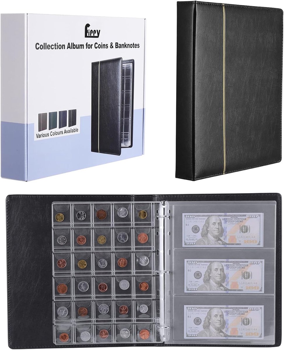 SnelShoppen - 150 Pockets Muntverzameling Album - Leer Coin Collector Boek - Coin Collecting Album met 5 Muntpagina's + 8 Biljetpagina's - Zwart