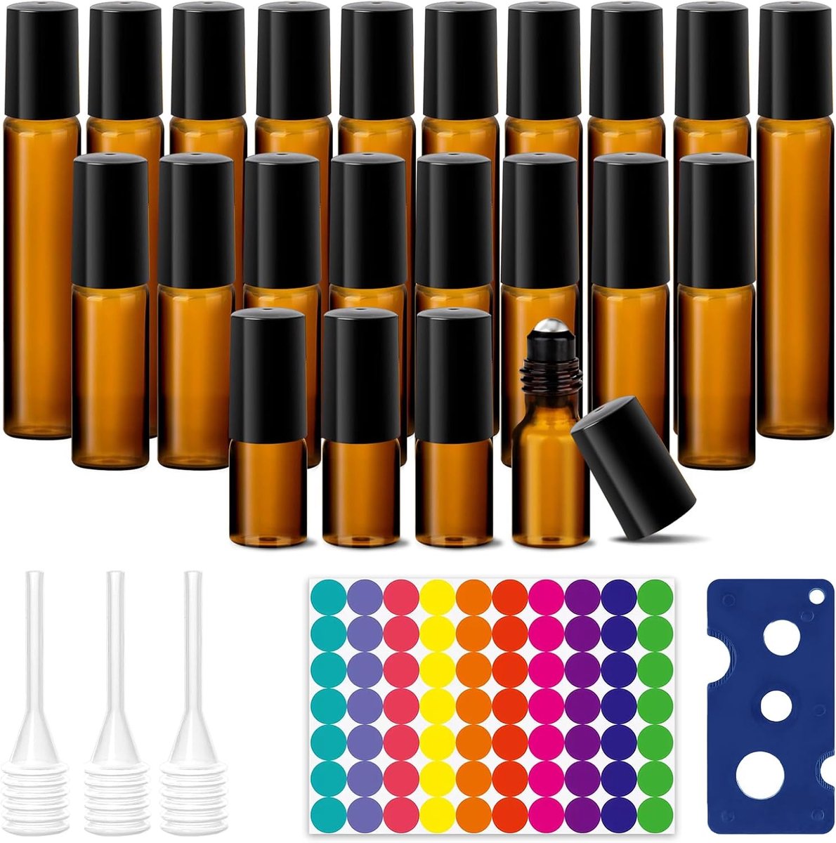 Thijox - Mini Glazen Flessen Set van 22 Lege Flesjes voor Essentiële Oliën, Bruin Glas, UV-bestendig, Herbruikbaar, 3/5/10 ml met Doptrekker en Druppe