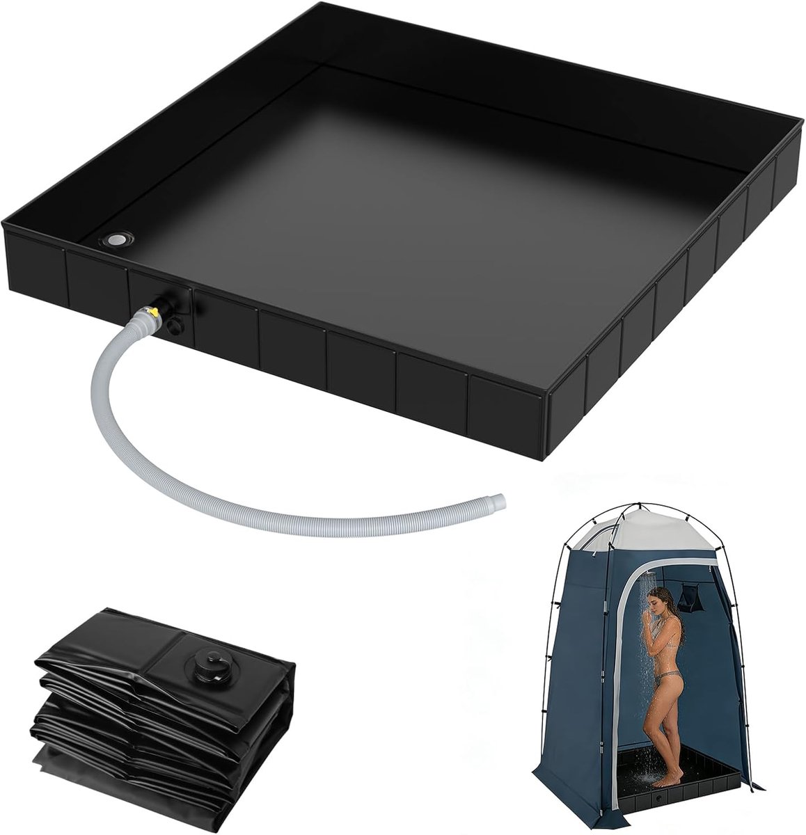 SnelShoppen - Opvouwbare Douchebak 104x104x13 cm - Grote Draagbare Campingdouchebak met 2 Afvoergaten en Afvoerbuis - Ideaal voor Douchetent, Binnen e