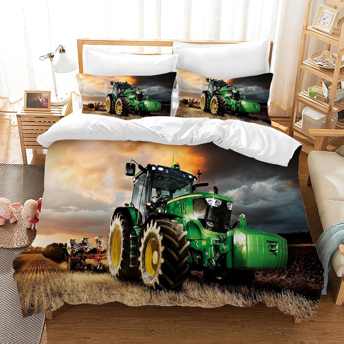 SnelShoppen - Tractor Dekbedovertrek Set 140 x 200 cm - 3-delige Groene Bedlinnen Set met 2 Kussenslopen 65 x 65 cm voor Kinderen en Tieners