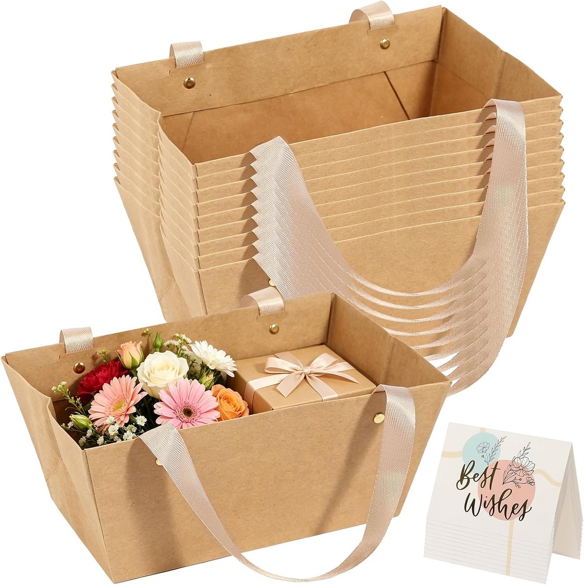 SnelShoppen - 10 Stuks Lege Geschenkmanden Groot, Karton, Milieuvriendelijk, Kraftpapierkleur, Met Wenskaarten, Perfect voor Feesten en Verjaardagen