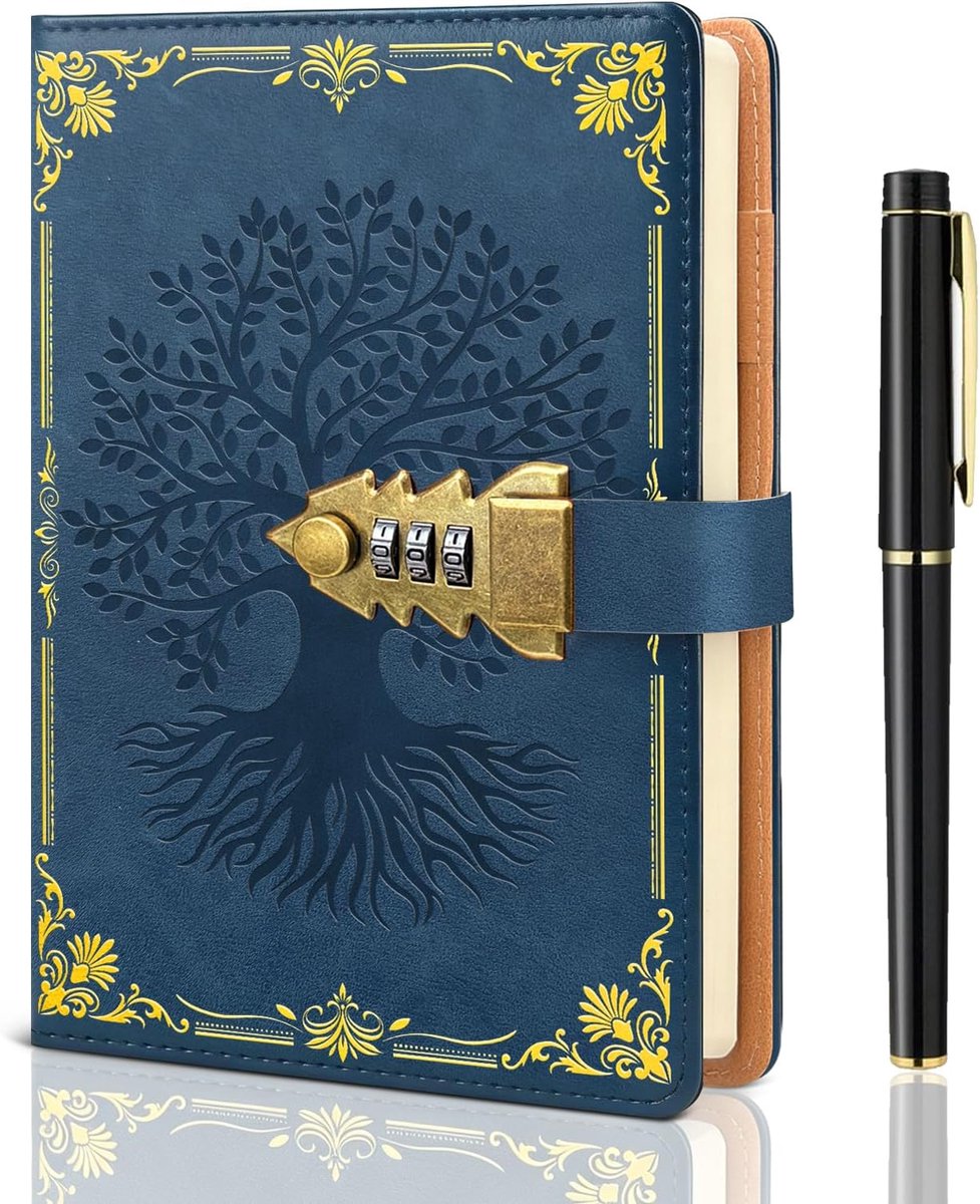 Thijox - Dagboek met slot voor dames/heren, Vintage Notitieboek A5 met Pennenset, Navulbaar en afsluitbaar, Donkerblauw, Perfect voor Meisjes, Mannen