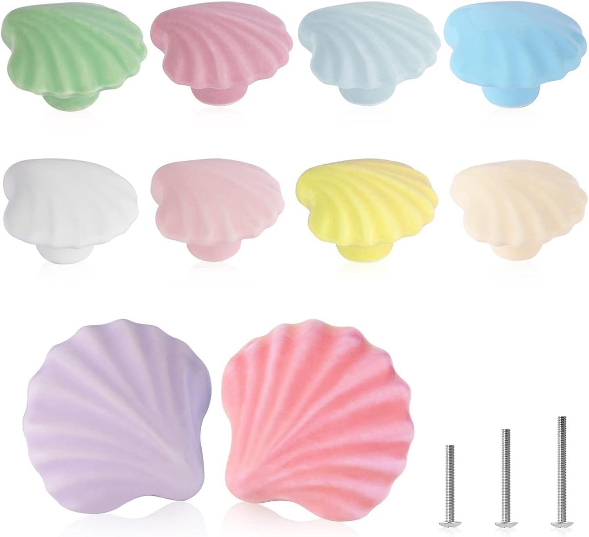 SnelShoppen - 10x Kleurige Deurklinken Meubelknoppen Schelpvorm Keramisch voor Kinderkamer