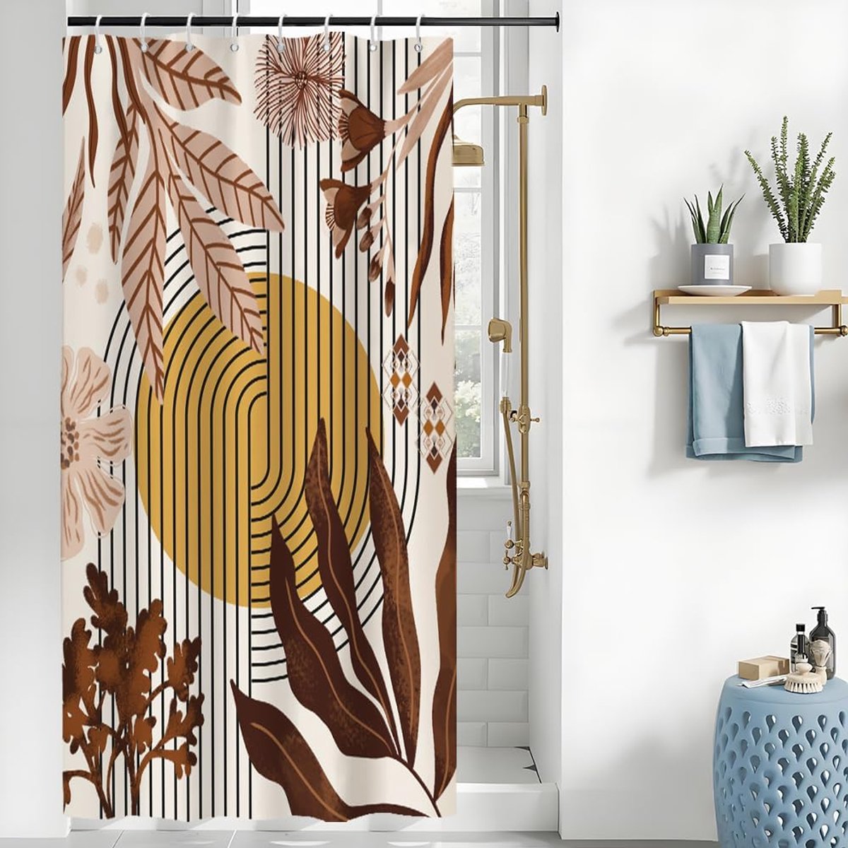 SnelShoppen - Douchegordijn Boho Stijl Abstracte Bloemen Roze Zwart Gestreept Minimalistisch Antimould Waterdicht Polyester 120x180 cm Inclusief 8 Hak