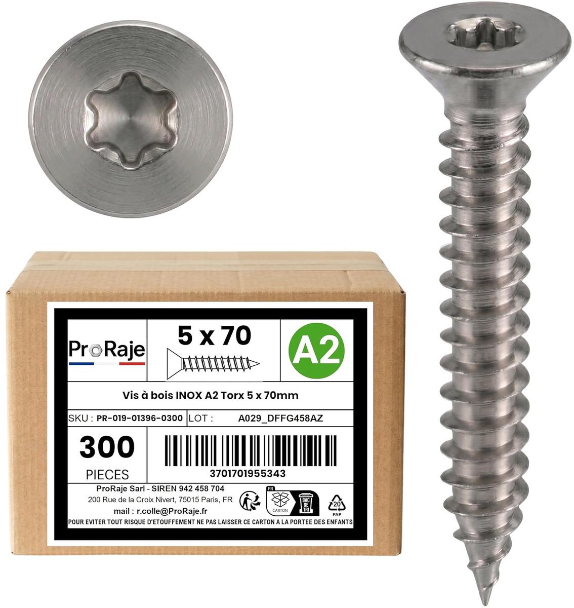 SnelShoppen - Houtschroeven INOX A2 5 x 70 mm | Verzonken kop met TORX (TX) | RVS A2 (V2A/AISI 304) | Set van 300 Stuks | Voor Bouw, Chipboard, Terras