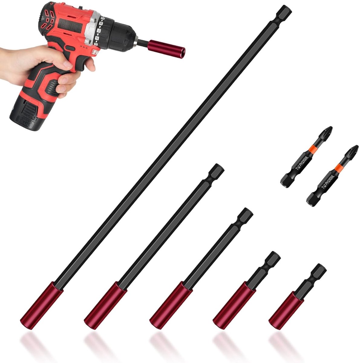 SnelShoppen - 5 Delige Magnetische Bit Houder Set 50/60/100/150/300mm met 2 Inch Schroefbits voor Klussen en Hobby, Hex Shank 1/4"