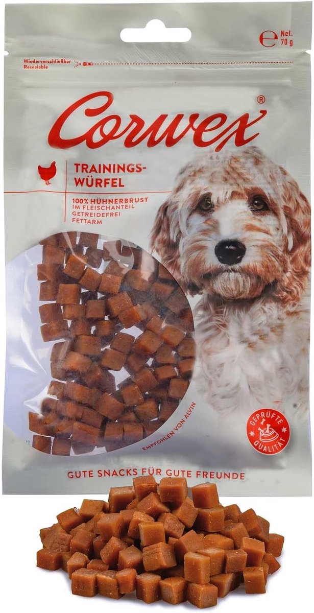 SnelShoppen - Corwex Training Cube Hondensnacks met Kip, Monoproteïne, Graanvrije Traineesnack voor Effectieve Hondentraining (16x70g, Kip)