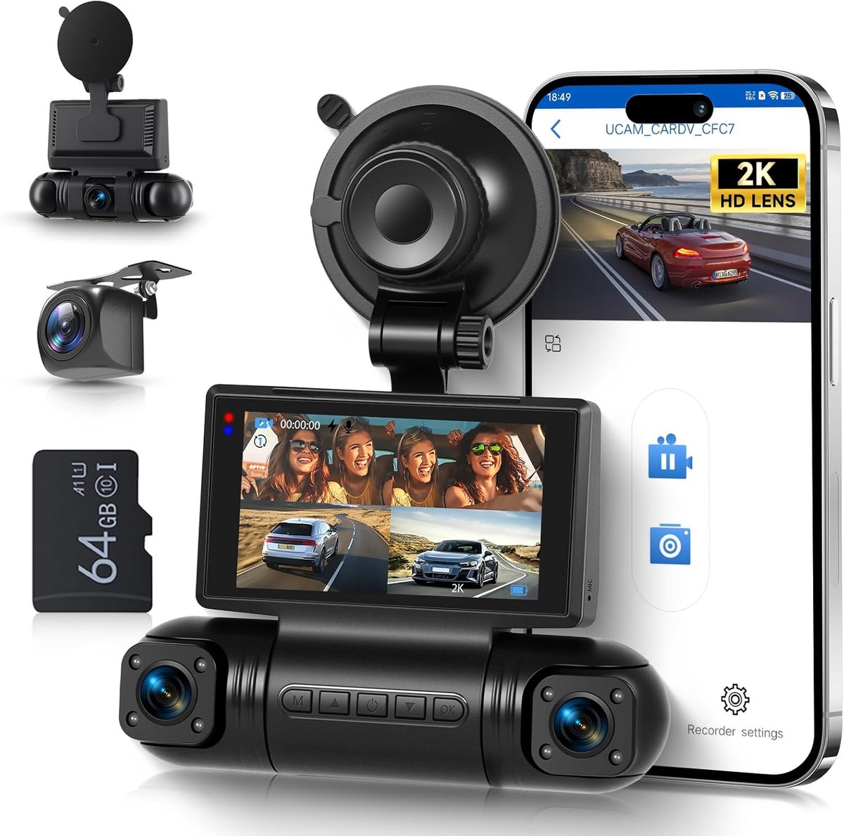 SnelShoppen - 2K Dashcam 360° met WiFi, 4 Camera's voor Voor, Achter en Zij, Nachtzicht Zonder Licht, 3 Inch IPS Touchscreen, Loopopname, G-Sensor, Ap