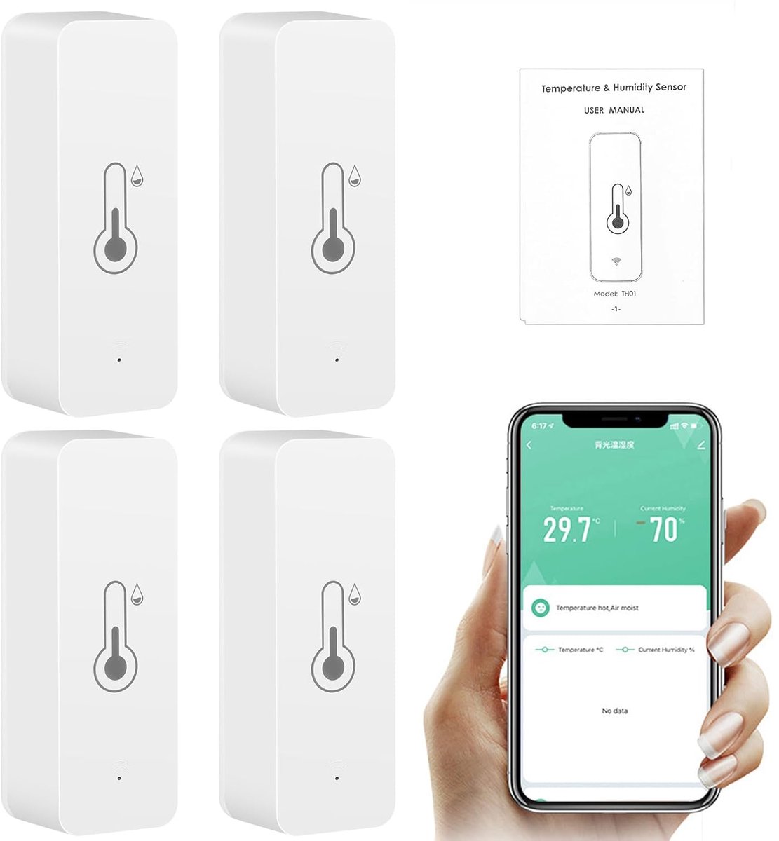 SnelShoppen - Tuya Slimme Temperatuur en Vochtigheid Sensor - 4 Stuks WiFi Hygrometer voor Binnen, Ondersteunt Alexa, 2.4GHz Verbinding, °F/°C Weergav
