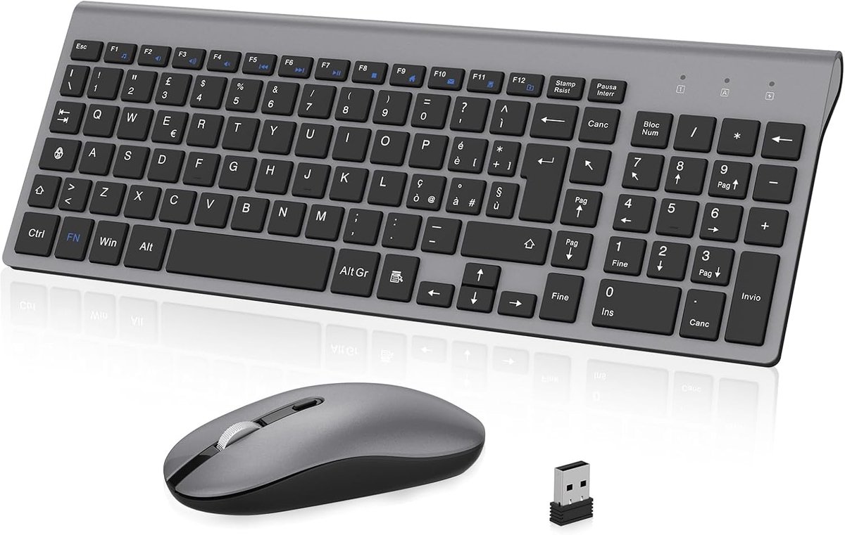 SnelShoppen - Draadloos Toetsenbord en Muis Set, QWERTY Italiaans Indeling, Ultra-dun Ergonomisch Ontwerp, 2.4GHz Verbinding, Grijs, Voor PC/Laptop, W