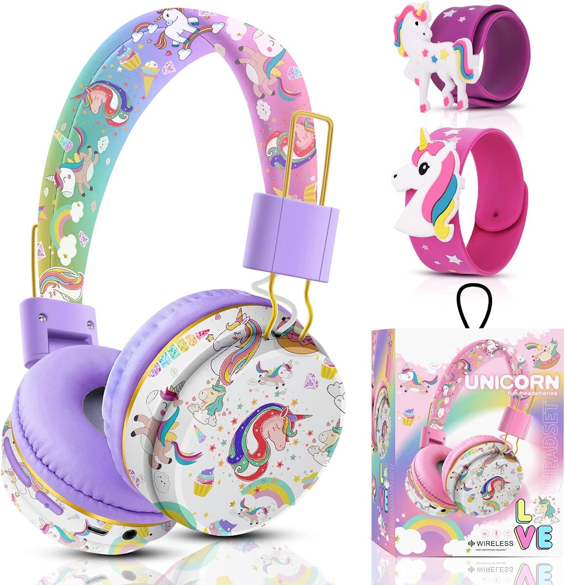 SnelShoppen - Draadloze Unicorn Hoofdtelefoon voor Kinderen, Bluetooth Over-ear Hoofdtelefoon met Microfoon, Verstelbaar en Kawaii Design, Inclusief 2
