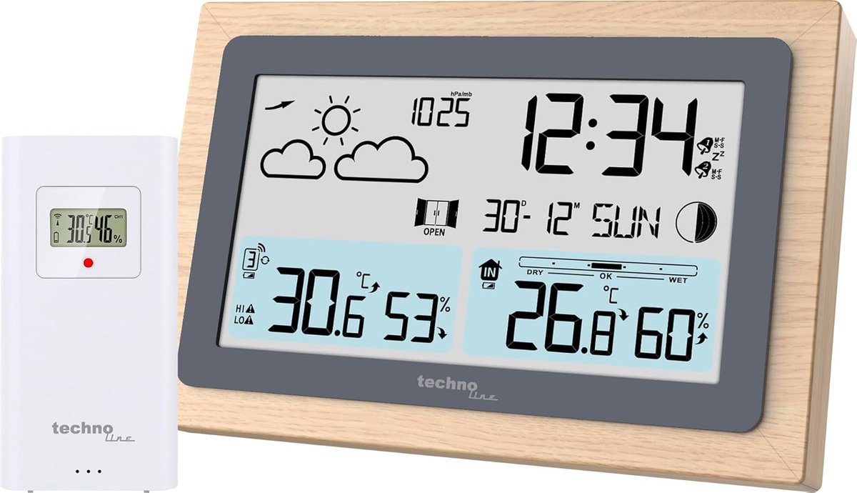 SnelShoppen - WS6785 Draadloos Weerstation met Houten Frame, Binnentemperatuur, Buitentemperatuur, Weersvoorspelling, Ventilatieadvies, Maanfase, DCF7