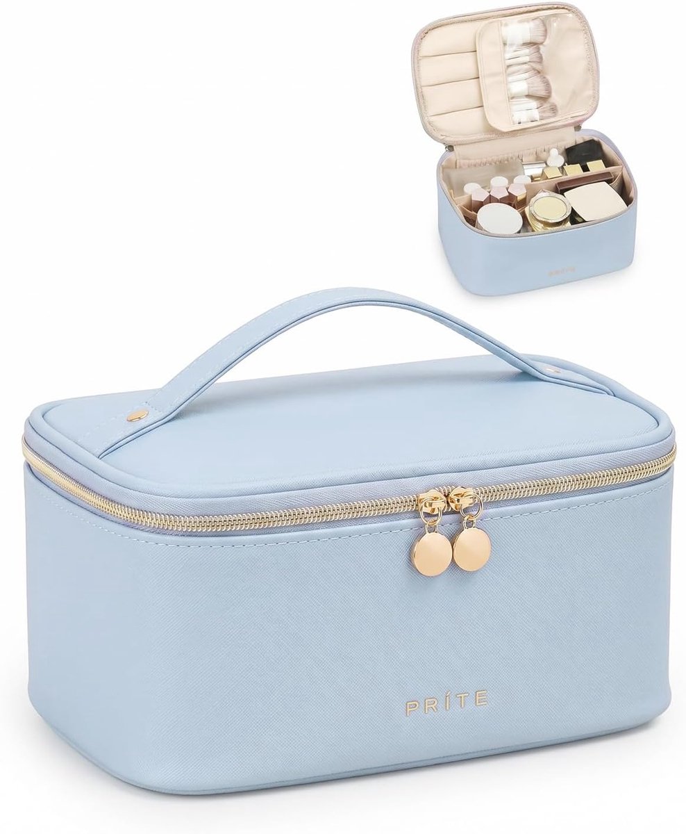 SnelShoppen - Grote Cosmetica Tas voor Vrouwen, Reistas, Waterdichte Leren Toilettas, Draagbare Make-up Organizer, Blauw met Handvat en Verwijderbare