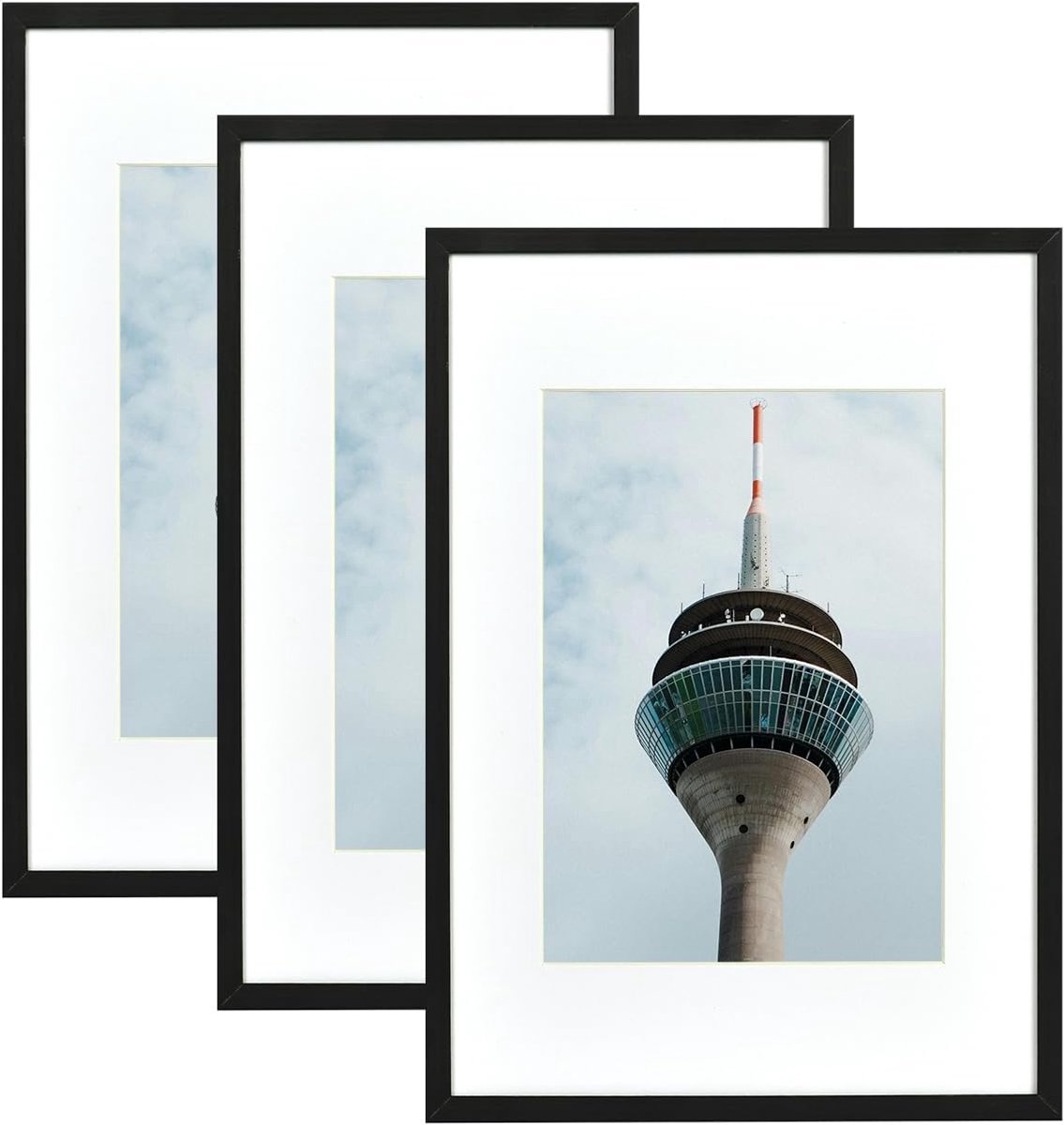 SnelShoppen - Picture Frame A4 Zwart Houten Fotolijst met Acrylglas en Passe-Partout voor A5 Foto's - 3-Pack voor Muren en Collages in Portrait of Lan