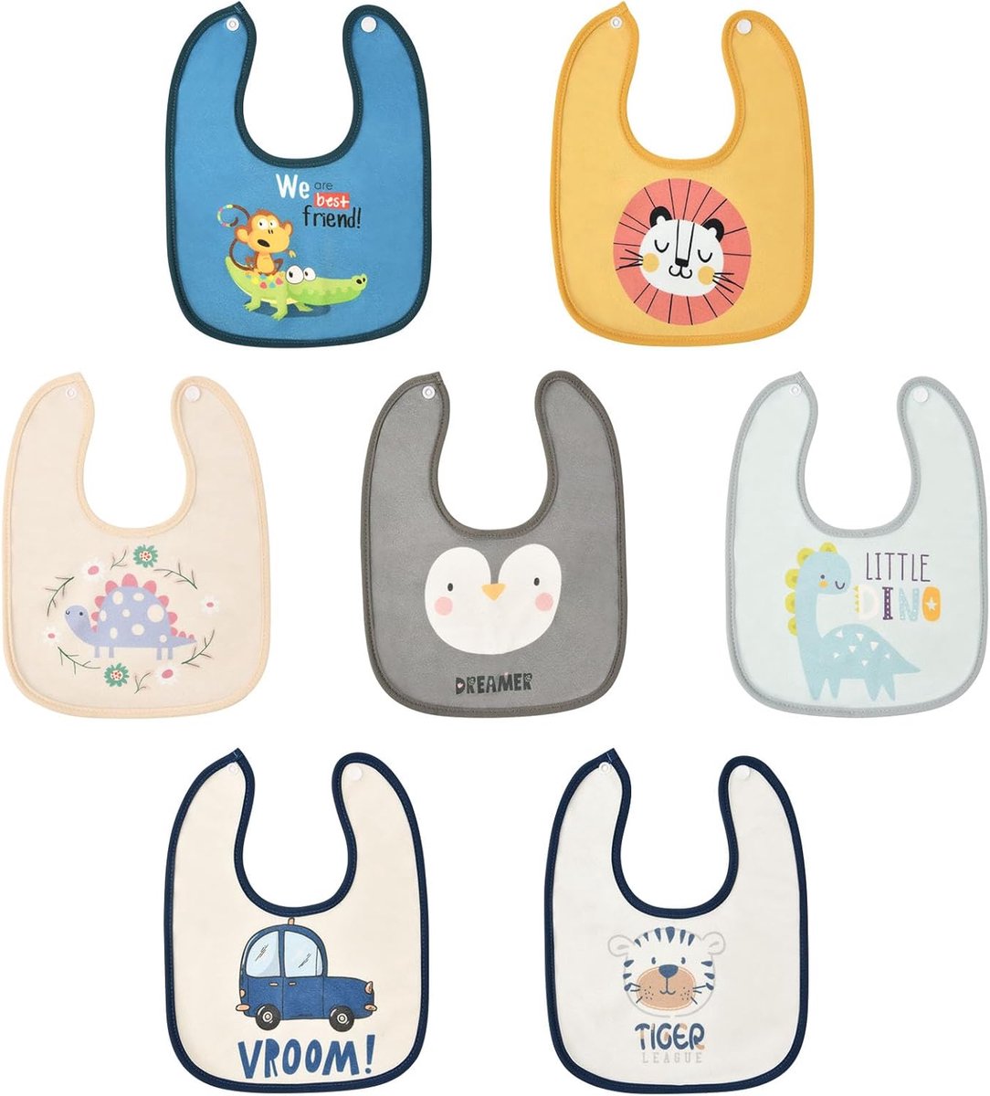 Baby Slabbertjes - Waterproof Slabbertjes - Voeden en Spelen - Zachte Terry Voering - 7 Stuks - Meerdere Kleuren