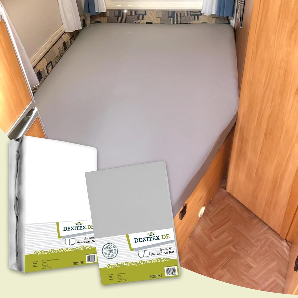 SnelShoppen - Hoeslakenset voor Campers - 1 Grijs Hoeslaken + 1 Molton Matrasbeschermer - Hypoallergeen - 125-155 cm x 200 cm - Oeko-TEX - Perfect voo