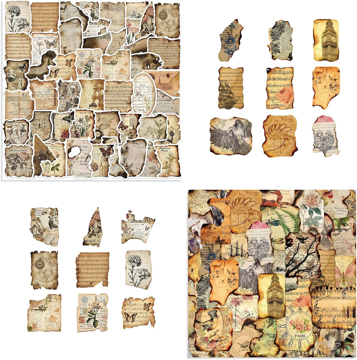 SnelShoppen - 100 Stuks Vintage Scrapbooking Stickers, Antieke Manuscript Ontwerpen en Verbrande Fragmenten voor Junk Journal, Planner, Dagboek, Colla