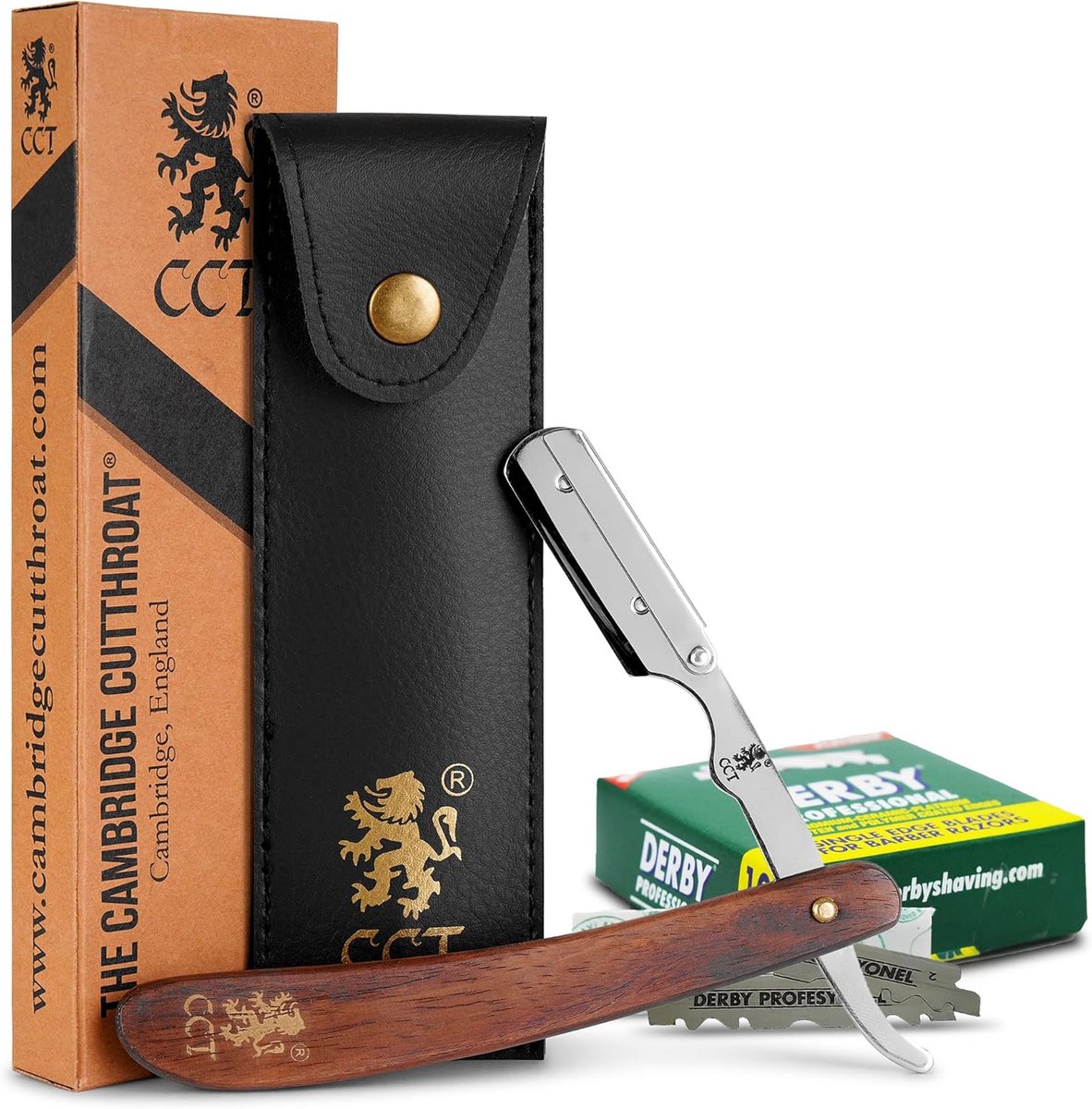 SnelShoppen - Professionele Scheerset van Missanda Hardhout en RVS met Scheermes, 10 Derby Scheermesjes, Inclusief Opbergtas voor een Perfecte Scheerb