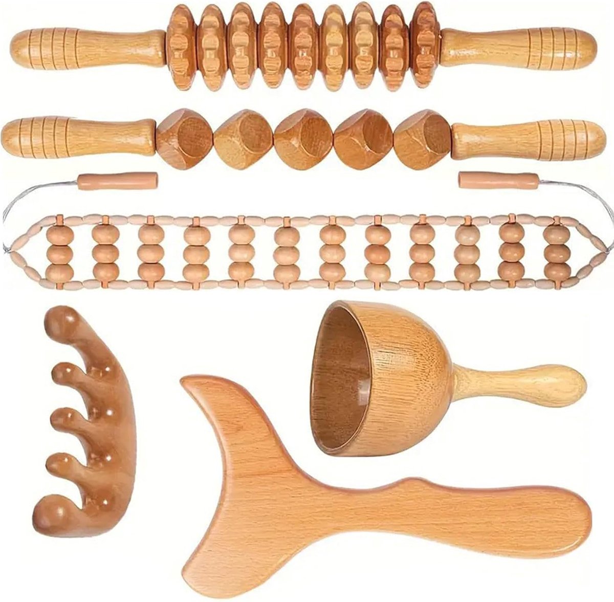 SnelShoppen - 6-in-1 Massage Set Houten Therapie Massager, Fascia Roller, Anti-Cellulite, Lymfedrainage, Stressverlichting, Body Shaping, Relaxatie, N