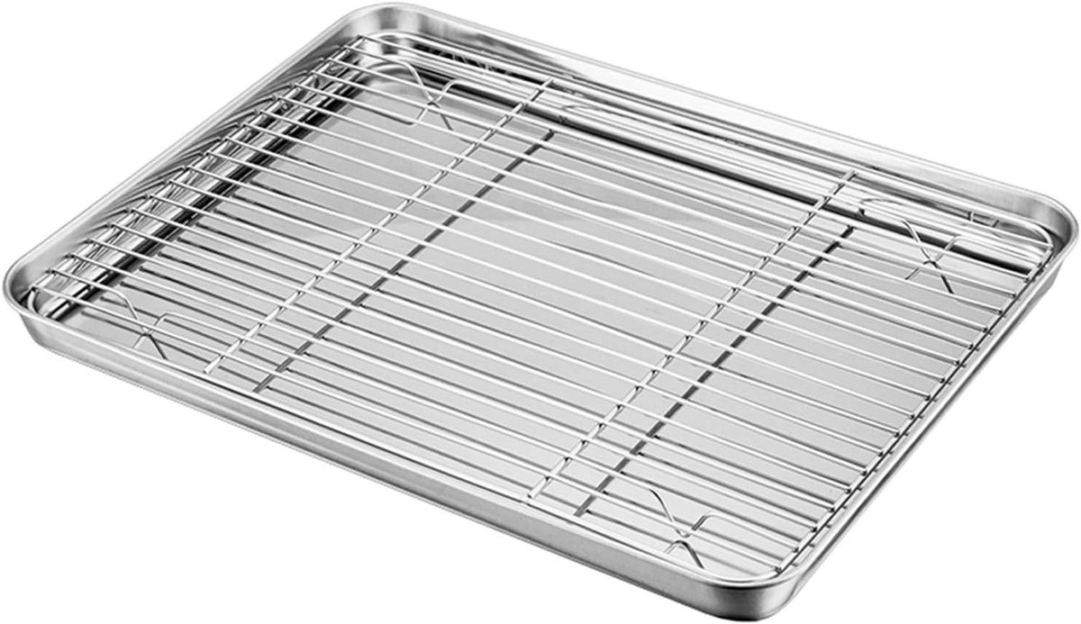 Bakken met een roestvrijstalen bakplaat en koelrek, 31,5 x 24,6 x 2,5 cm, ideaal voor taarten, koekjes en gezonde gerechten, vaatwasserbestendig en eenvoudig schoon te maken