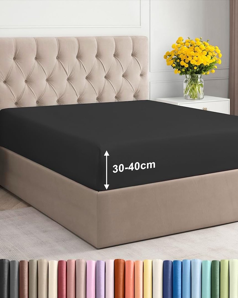 SnelShoppen - Fitted Sheet 200x200 cm - 40 cm Diepe Hoek - Microfiber - Geschikt voor Boxspring - Zwart - OEKO-TEX Gecertificeerd - Kleurvast en Krimp