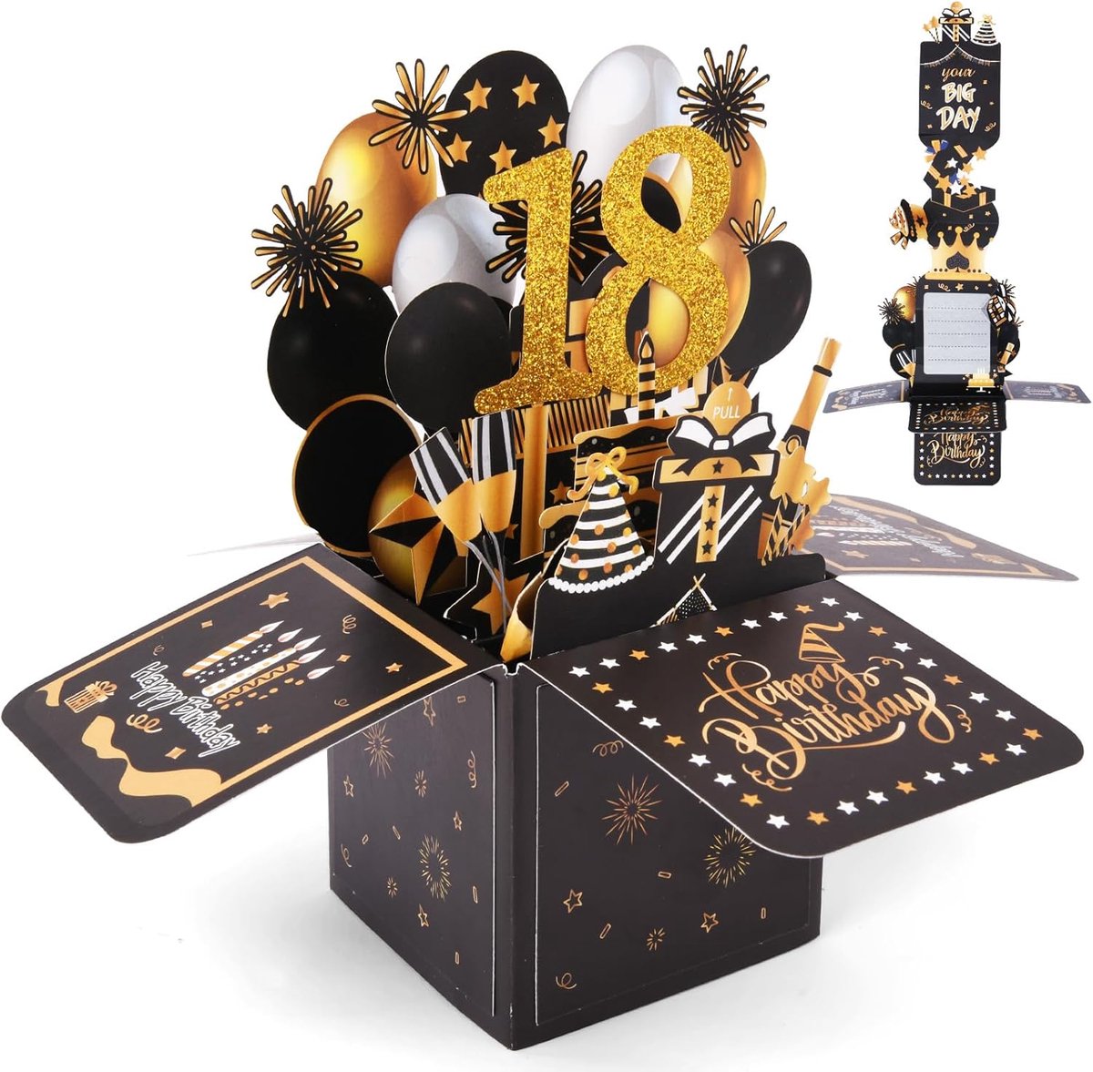 SnelShoppen - 3D Pop-up Verjaardagskaart voor 18e Verjaardag, Unieke Pull-out Kaart met Envelop, Zwart en Goud, Verjaardagscadeau voor Vrouwen, Kinder