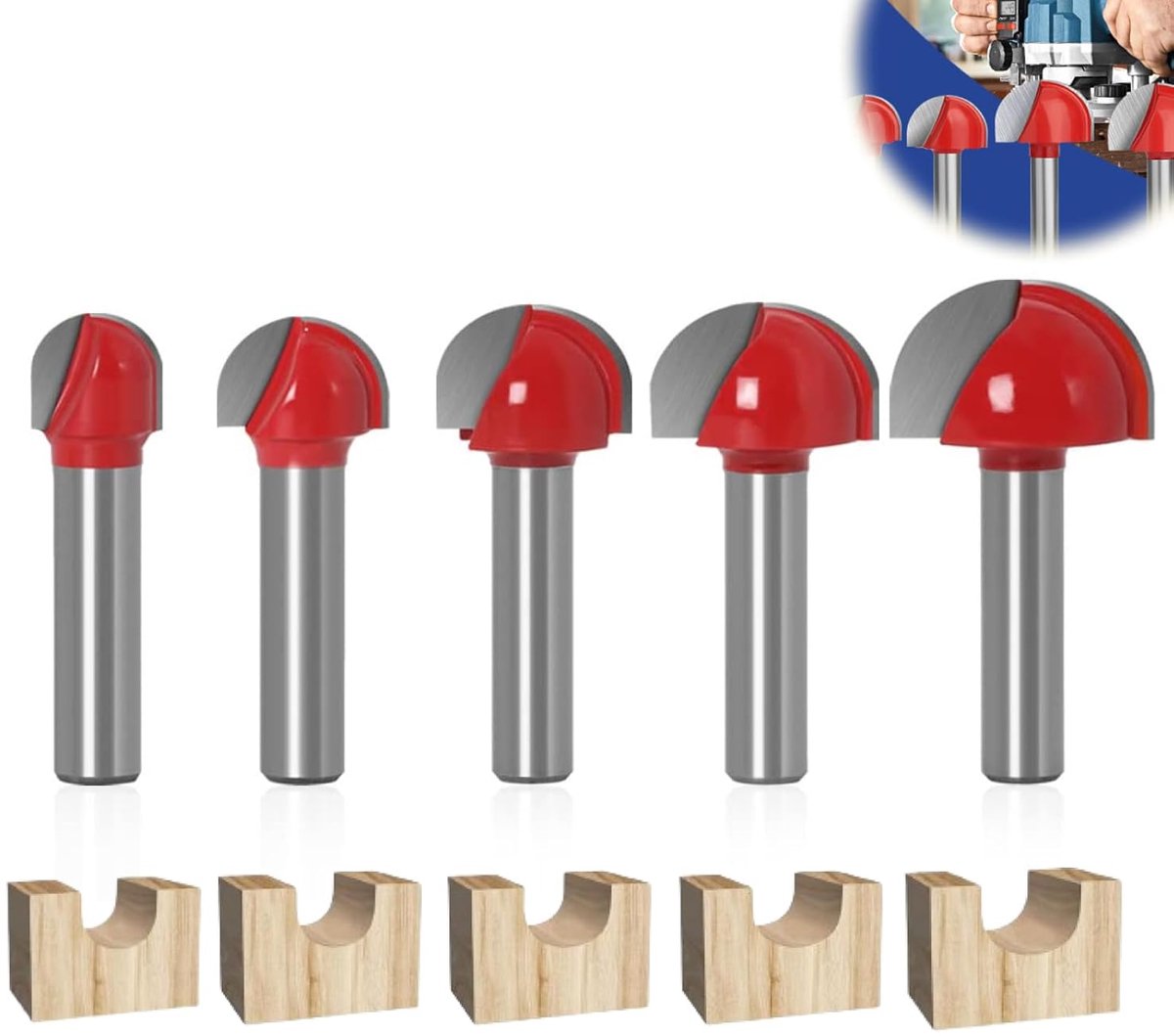 SnelShoppen - Set van 5 8 mm Router Cutter met Ronde Onderkant voor Houtbewerking - Freesgereedschap voor Hout, Groeven en Planeren - 12/16/19/22/25 m