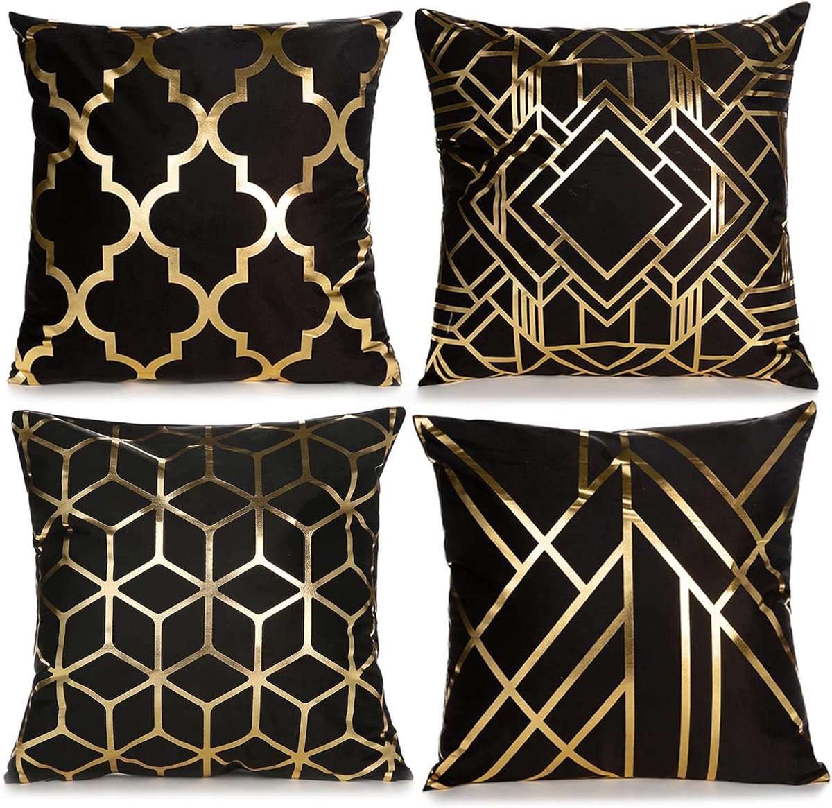 SnelShoppen - Luxe Velvet Kussenhoezen 4 Stuks 45x45cm Zachte Sierkussen Covers Modern Design met Onzichtbare Rits Zwart Goud voor Bank Woonkamer Slaa