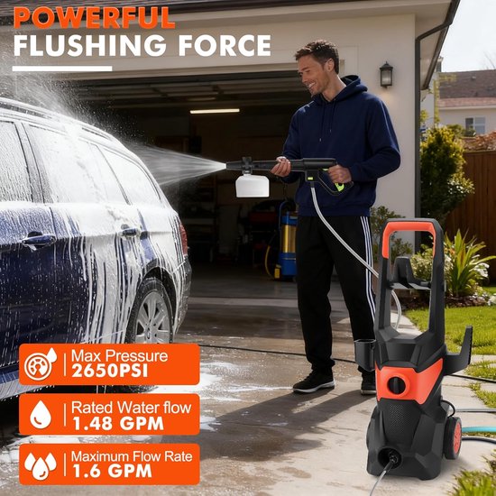 SnelShoppen - Krachtige Hogedrukreiniger 3000W met 336 l/h, 200 Bar Waterdruk, 10 m Slang en 4 Opzetstukken voor Auto's, Tuin, Terras en Schuttingen van Snelshoppen — afbeelding 2