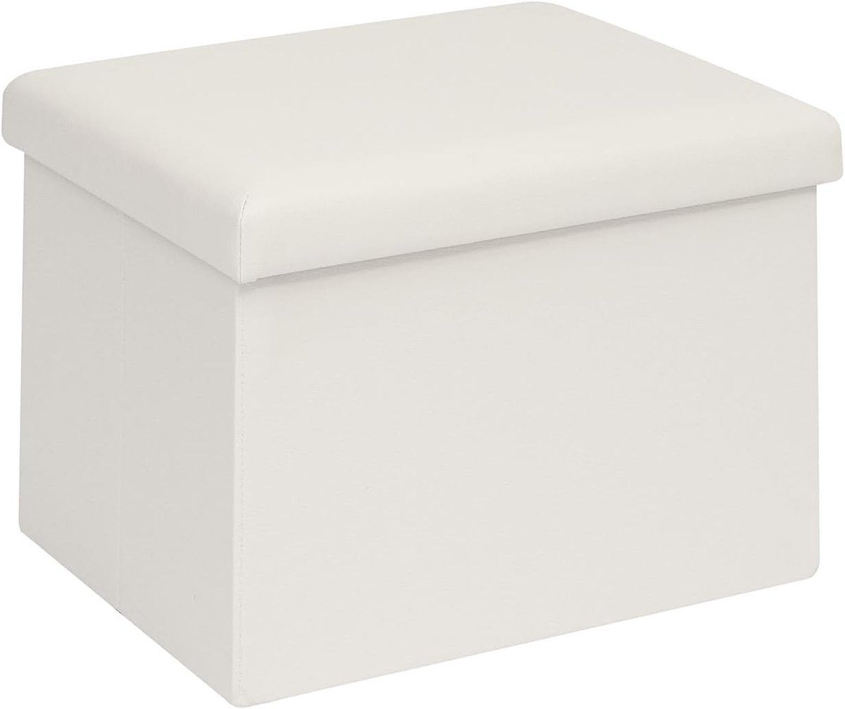 SnelShoppen - Vouwbare Faux Leather Opbergkruk, Rectangulaire Bank met Opbergruimte voor Woonkamer, Hal, Slaapkamer, 42 x 32 x 32 cm, Wit, Comfortabel